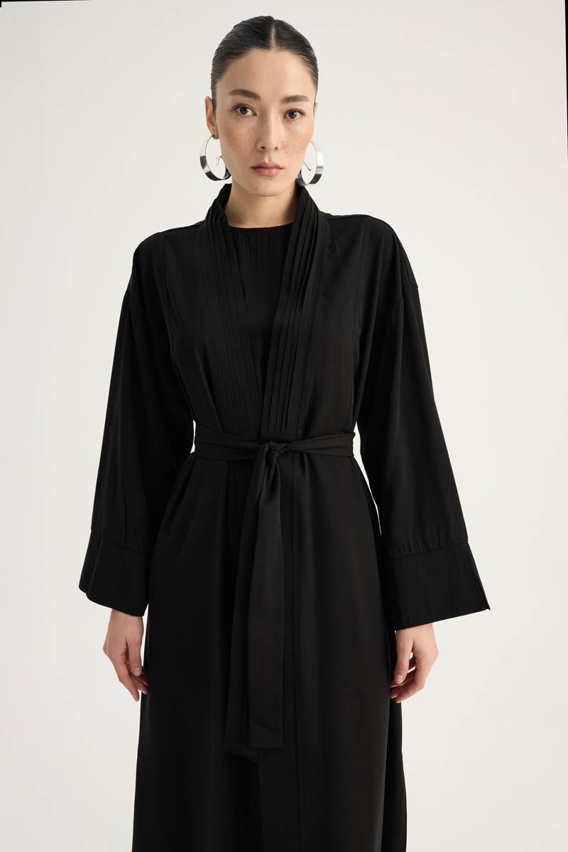Nervür Detaylı Abaya Takım Siyah
