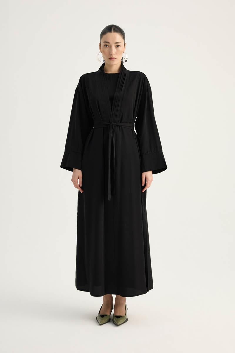Nervür Detaylı Abaya Takım Siyah