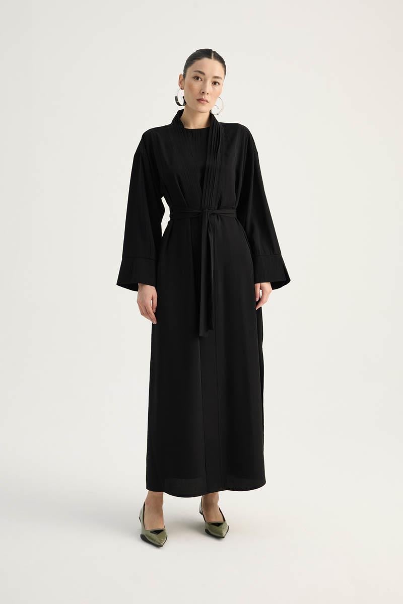 Nervür Detaylı Abaya Takım Siyah