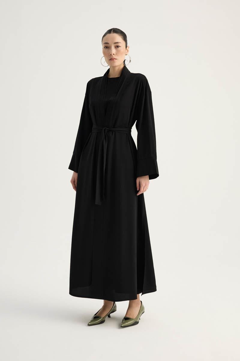 Nervür Detaylı Abaya Takım Siyah