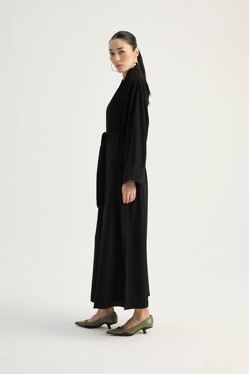 Nervür Detaylı Abaya Takım Siyah
