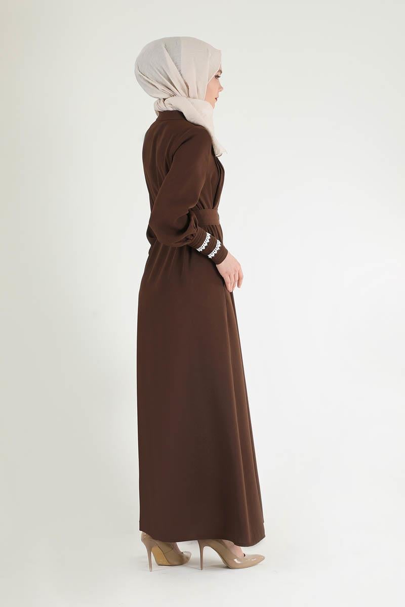 Nervür Detaylı Kuşaklı Ferace Kahve