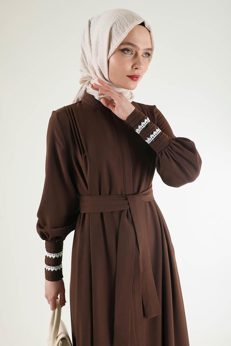 Nervür Detaylı Kuşaklı Ferace Kahve