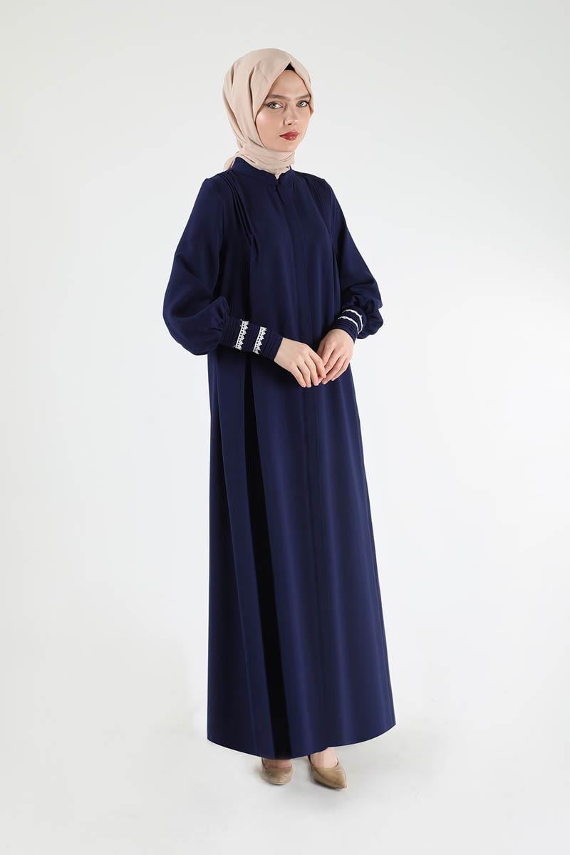 Nervür Detaylı Kuşaklı Ferace Lacivert