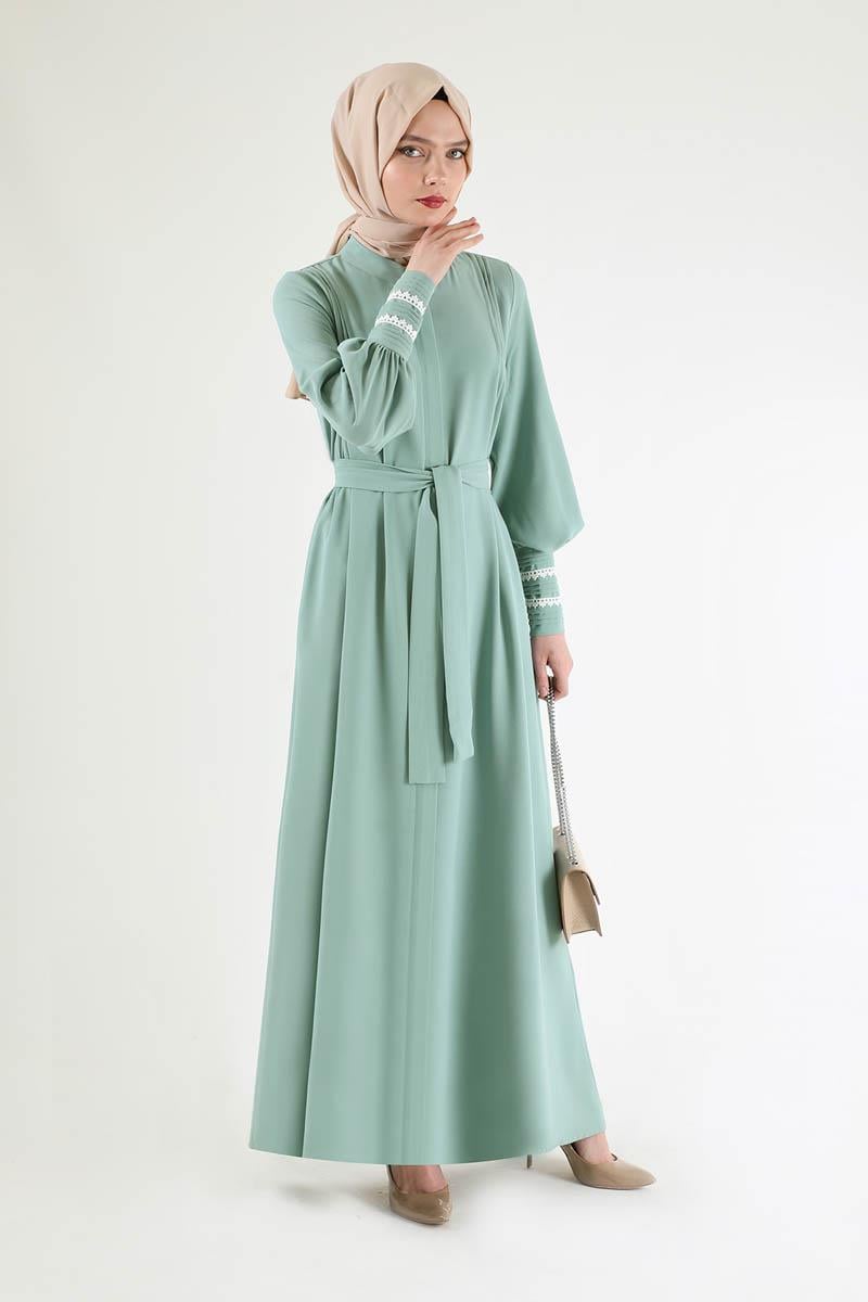 Nervür Detaylı Kuşaklı Ferace Mint