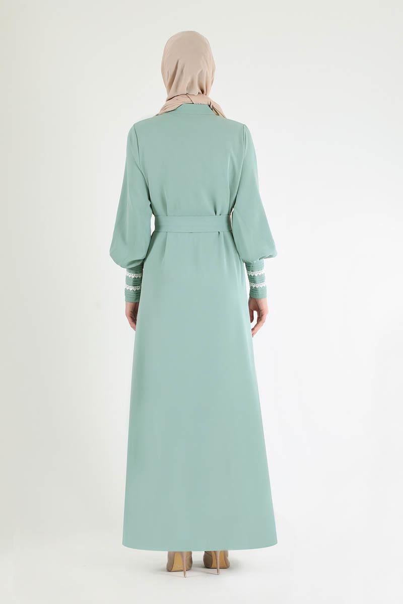 Nervür Detaylı Kuşaklı Ferace Mint