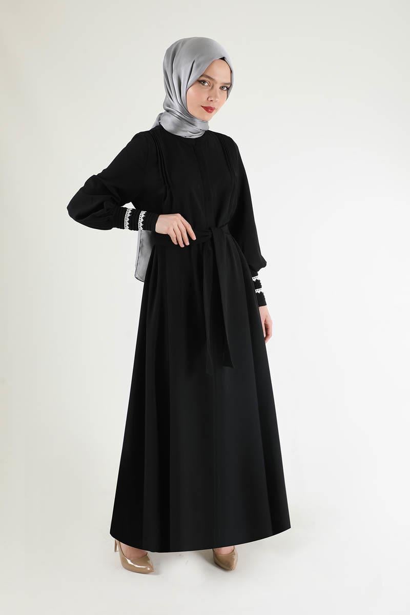 Nervür Detaylı Kuşaklı Ferace Siyah