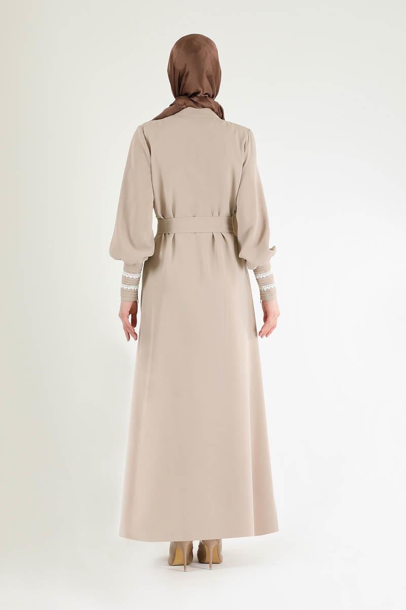 Nervür Detaylı Kuşaklı Ferace Taş