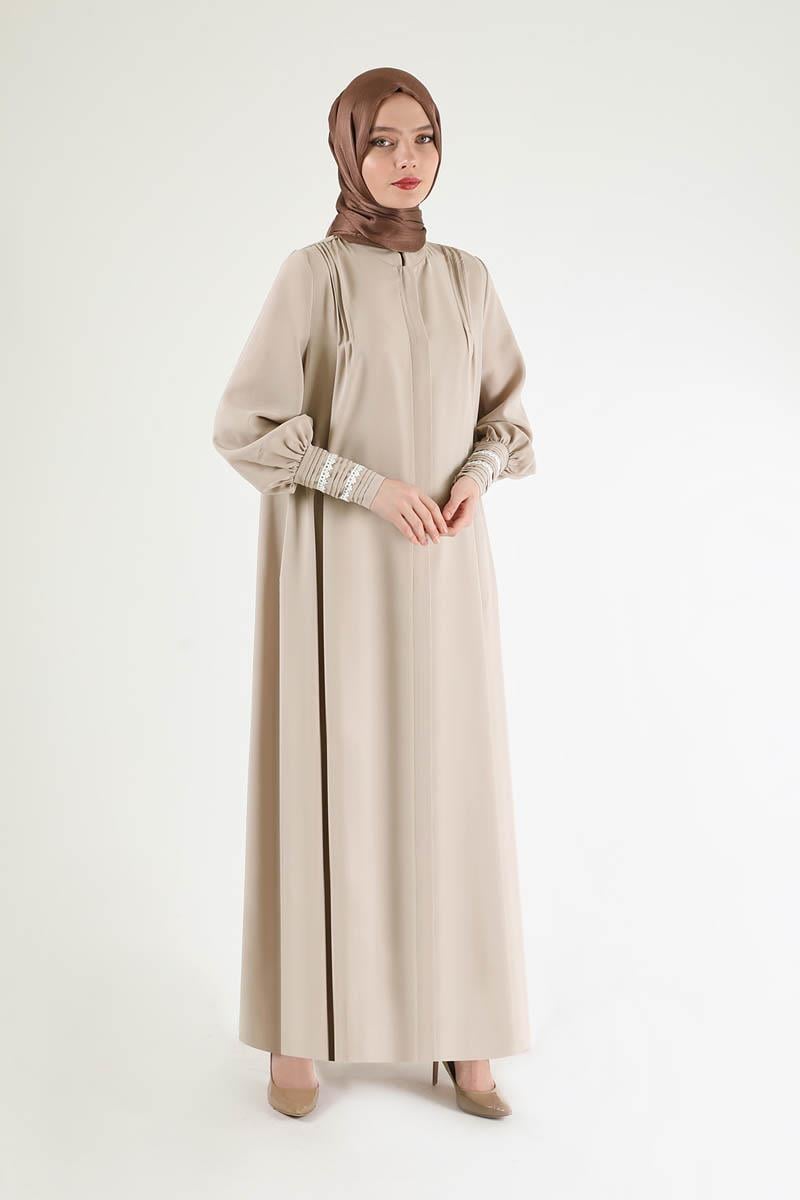 Nervür Detaylı Kuşaklı Ferace Taş