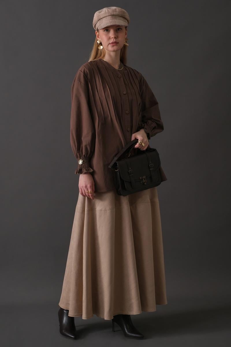 Nervür Detaylı Pamuk Gömlek Kahverengi