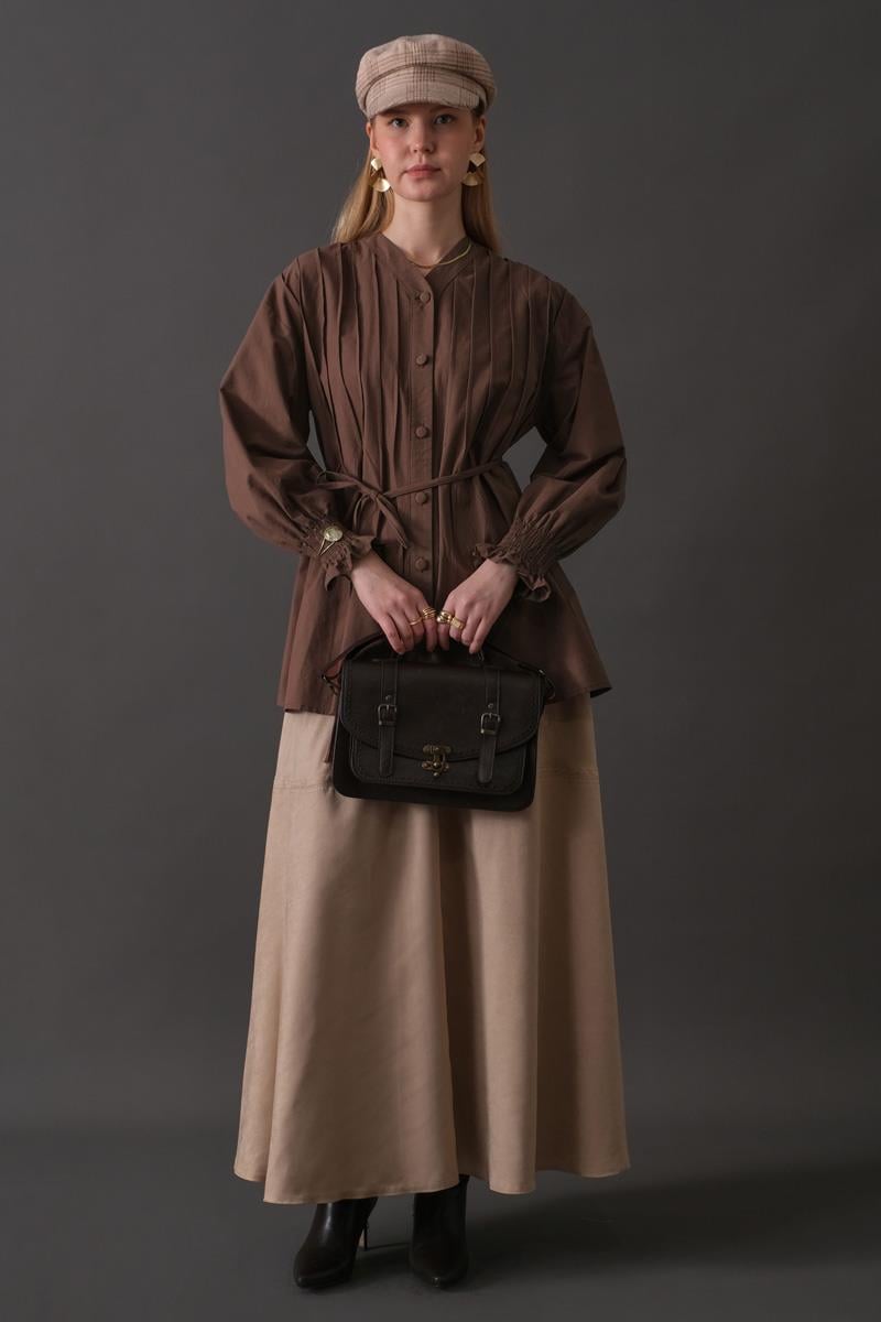 Nervür Detaylı Pamuk Gömlek Kahverengi