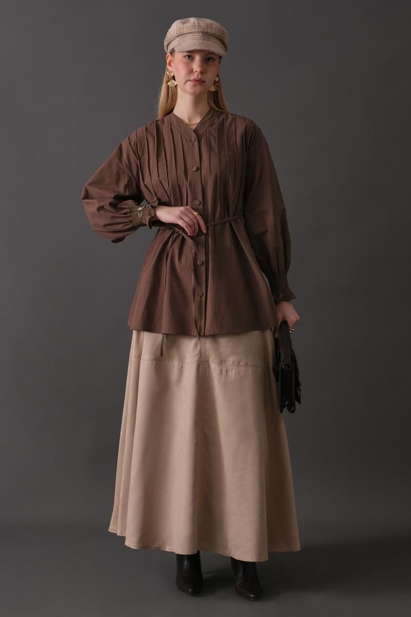 Nervür Detaylı Pamuk Gömlek Kahverengi