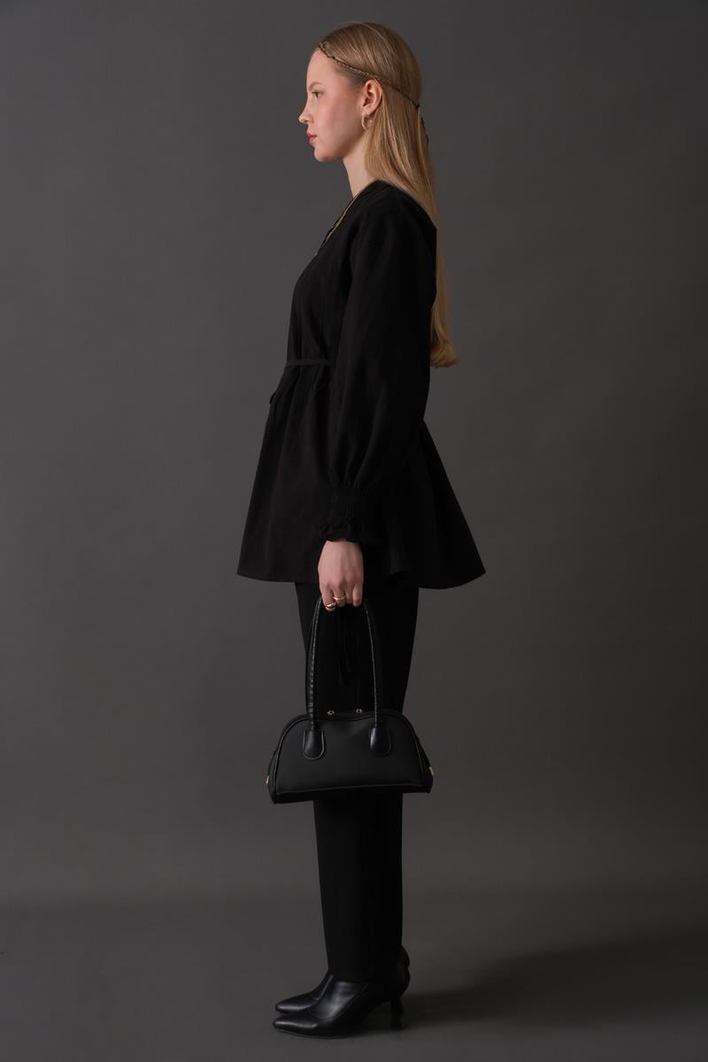 Nervür Detaylı Pamuk Gömlek Siyah