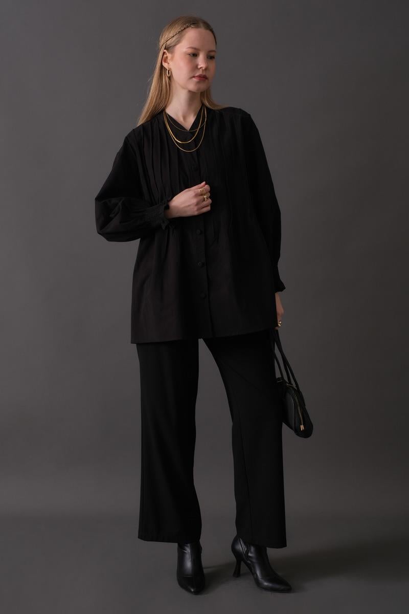 Nervür Detaylı Pamuk Gömlek Siyah