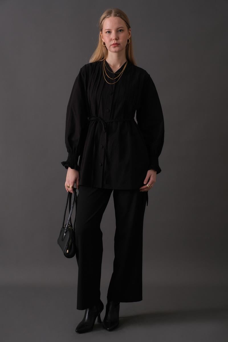 Nervür Detaylı Pamuk Gömlek Siyah