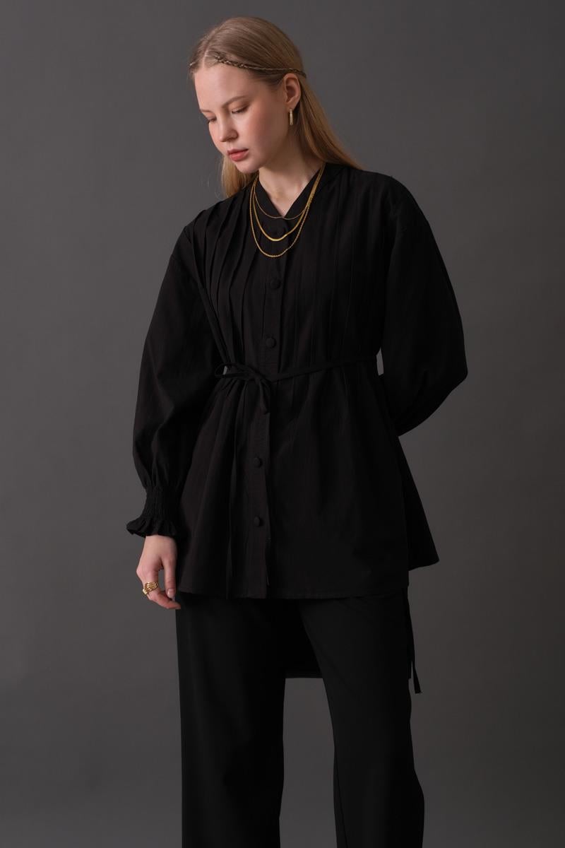 Nervür Detaylı Pamuk Gömlek Siyah