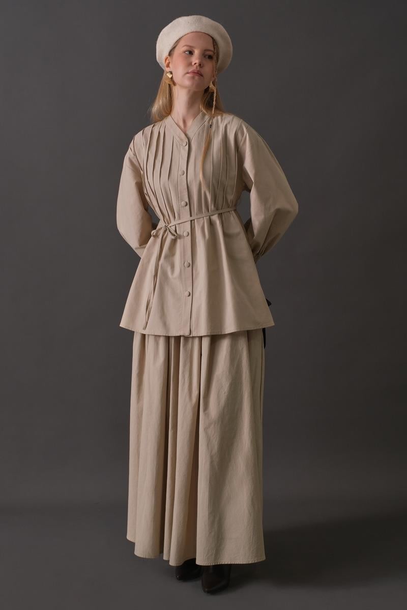 Nervür Detaylı Pamuk Gömlek Taş