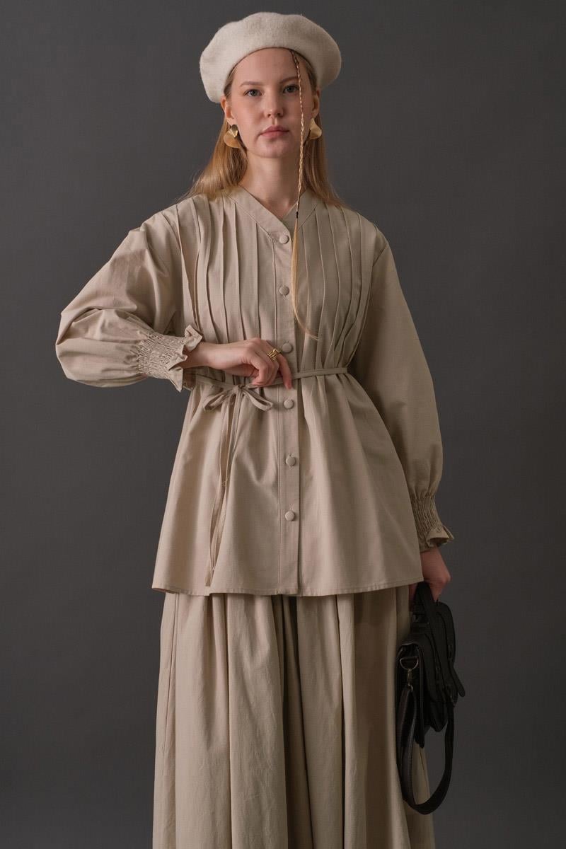 Nervür Detaylı Pamuk Gömlek Taş