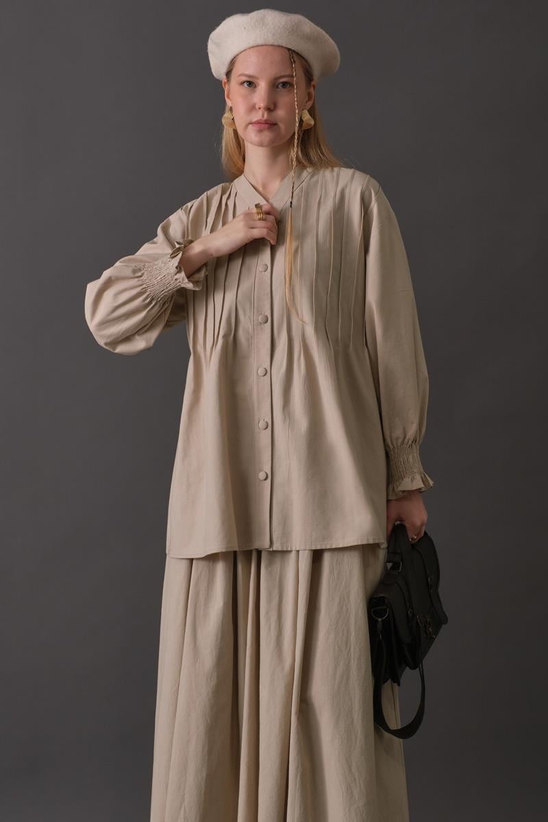 Nervür Detaylı Pamuk Gömlek Taş