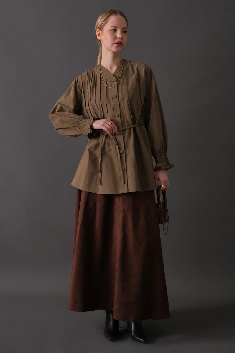 Nervür Detaylı Pamuk Gömlek Toprak