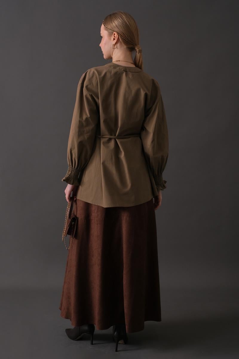 Nervür Detaylı Pamuk Gömlek Toprak