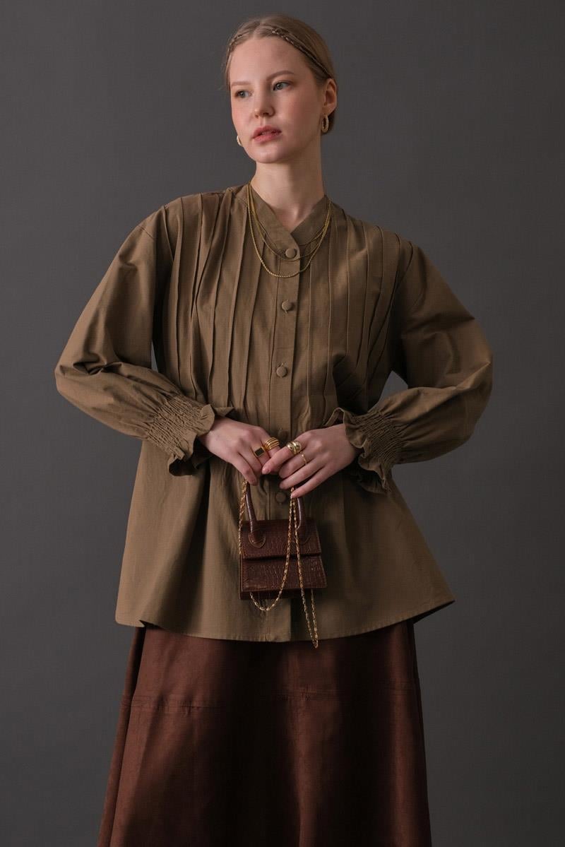 Nervür Detaylı Pamuk Gömlek Toprak