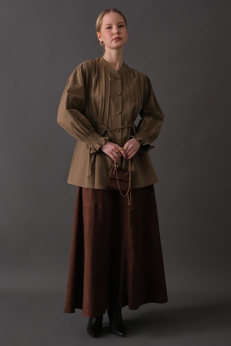 Nervür Detaylı Pamuk Gömlek Toprak