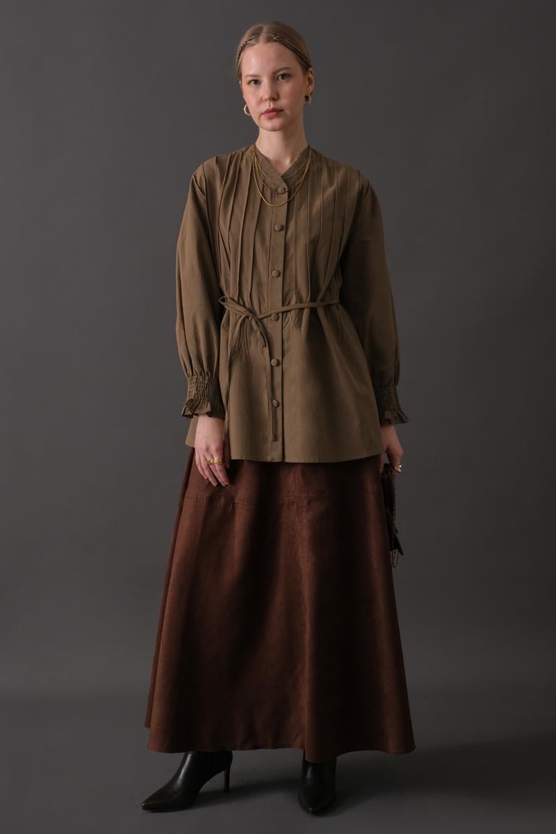 Nervür Detaylı Pamuk Gömlek Toprak