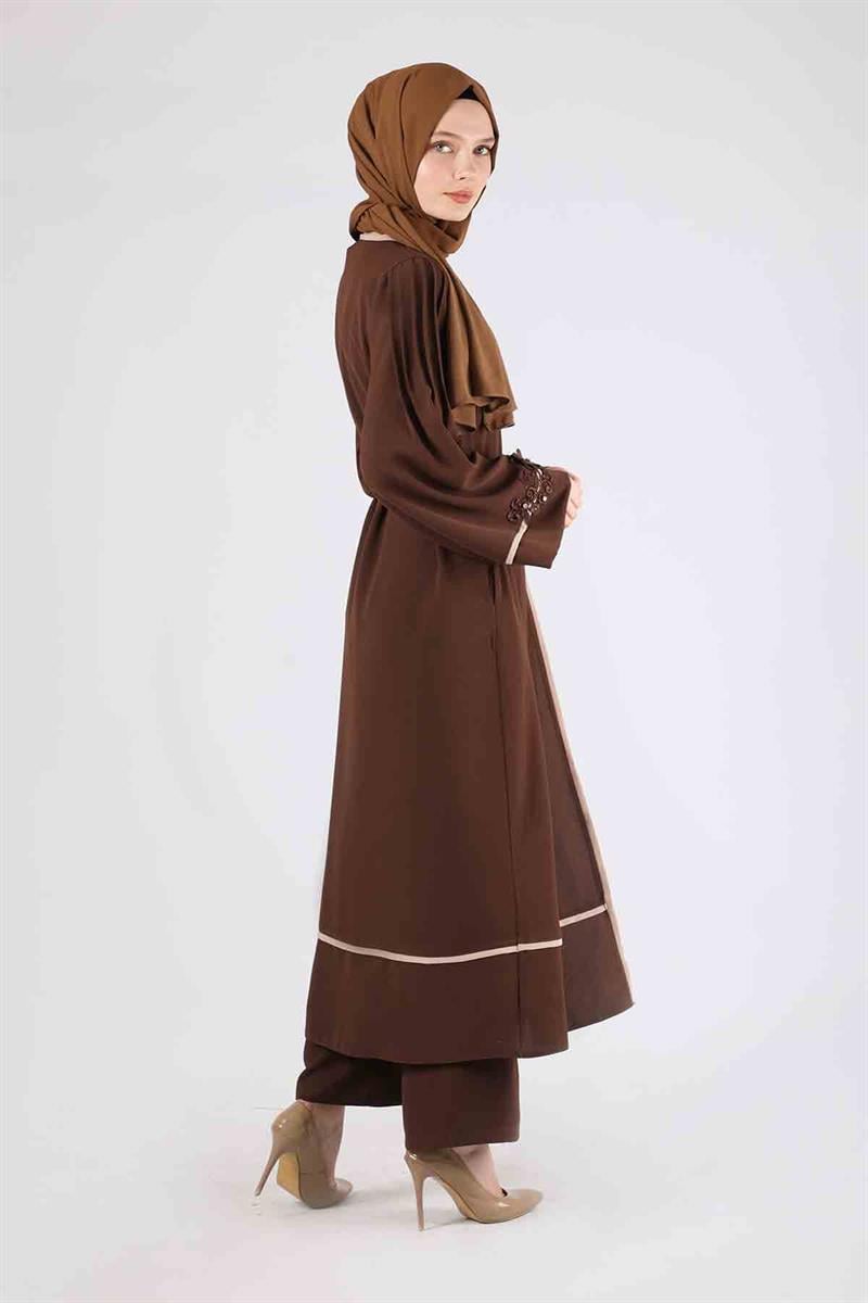 Nervürlü Abaya Takım Kahve