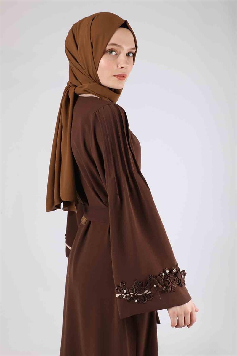 Nervürlü Abaya Takım Kahve