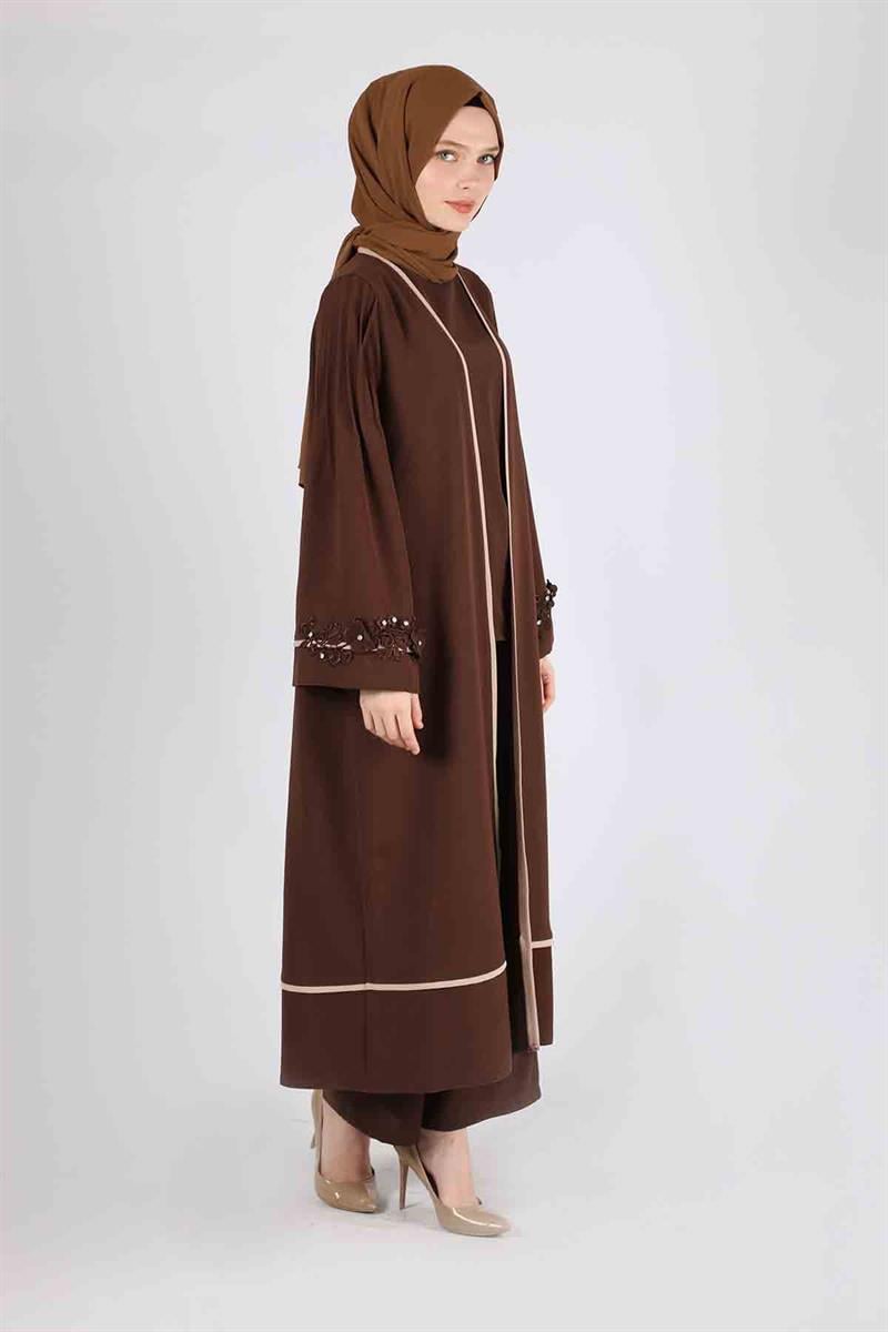 Nervürlü Abaya Takım Kahve