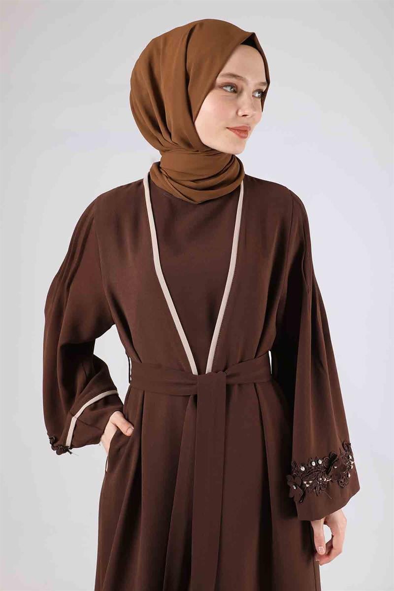 Nervürlü Abaya Takım Kahve
