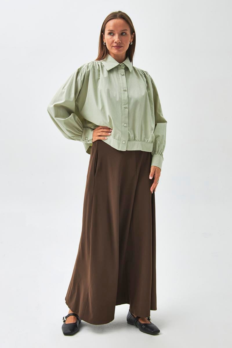 Omuzdan Büzgülü Poplin Gömlek Açık Yeşil