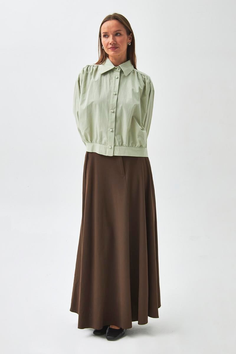 Omuzdan Büzgülü Poplin Gömlek Açık Yeşil