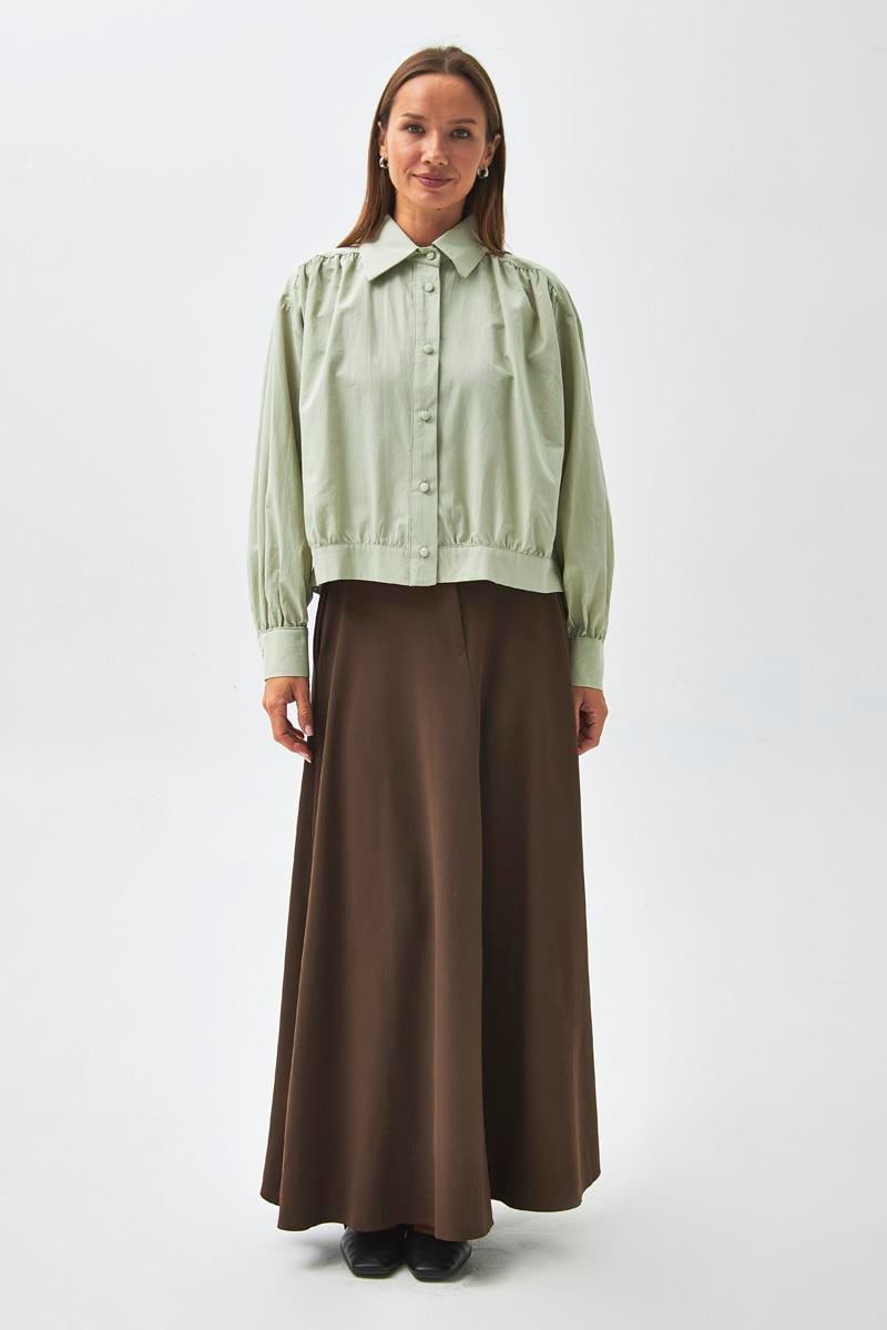 Omuzdan Büzgülü Poplin Gömlek Açık Yeşil