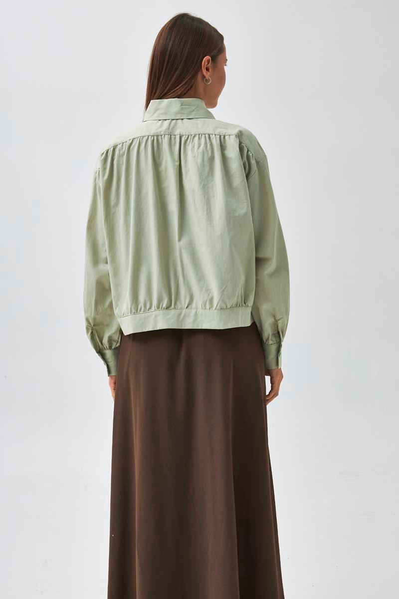 Omuzdan Büzgülü Poplin Gömlek Açık Yeşil