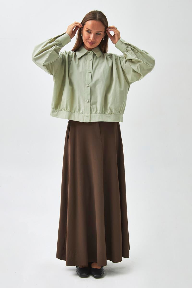 Omuzdan Büzgülü Poplin Gömlek Açık Yeşil