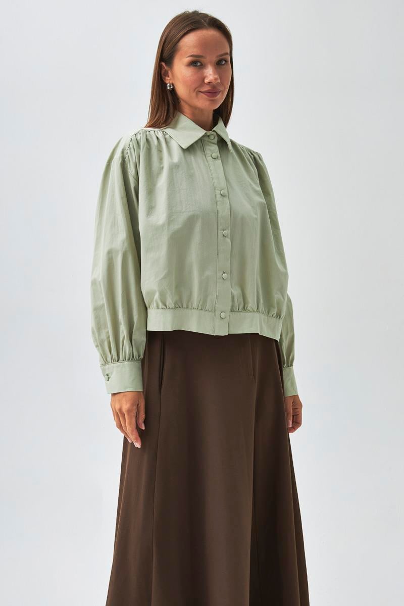 Omuzdan Büzgülü Poplin Gömlek Açık Yeşil