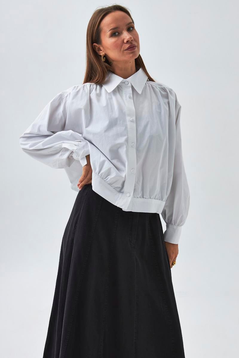Omuzdan Büzgülü Poplin Gömlek Beyaz