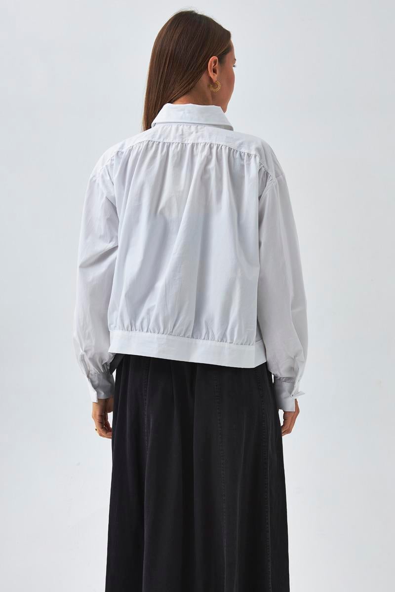 Omuzdan Büzgülü Poplin Gömlek Beyaz
