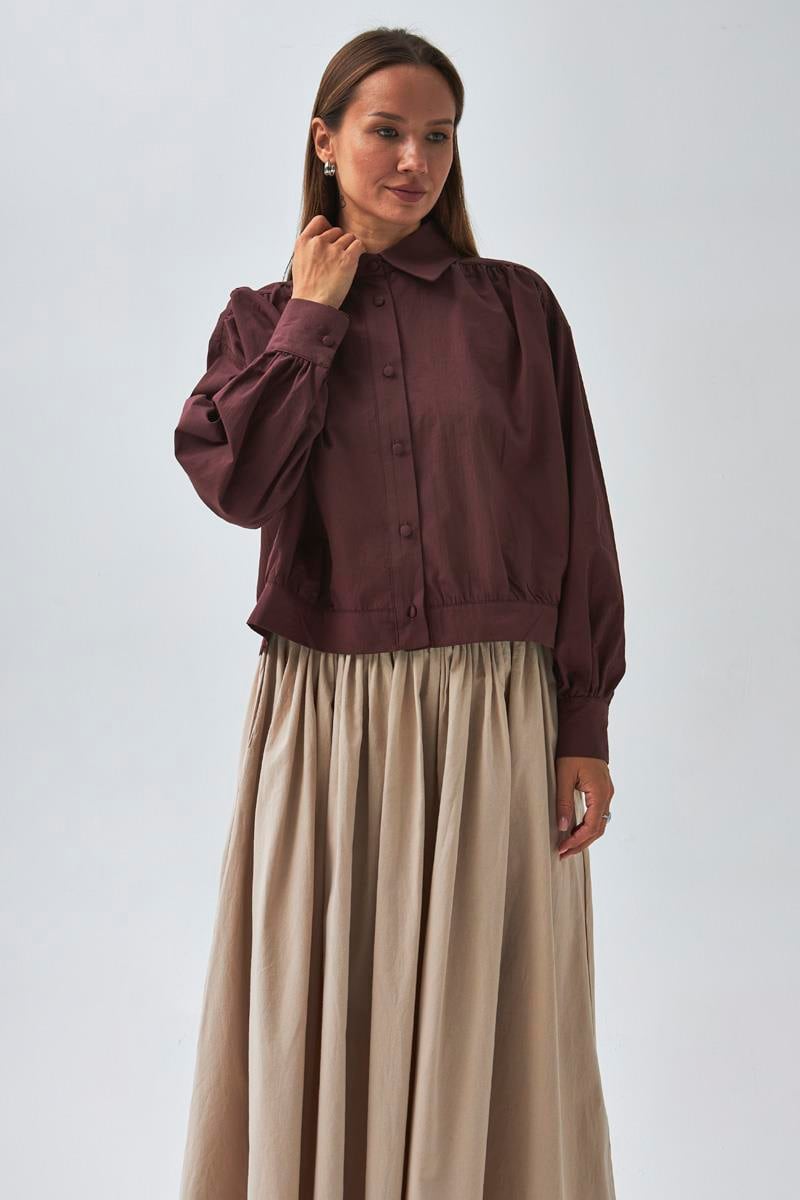 Omuzdan Büzgülü Poplin Gömlek Bordo