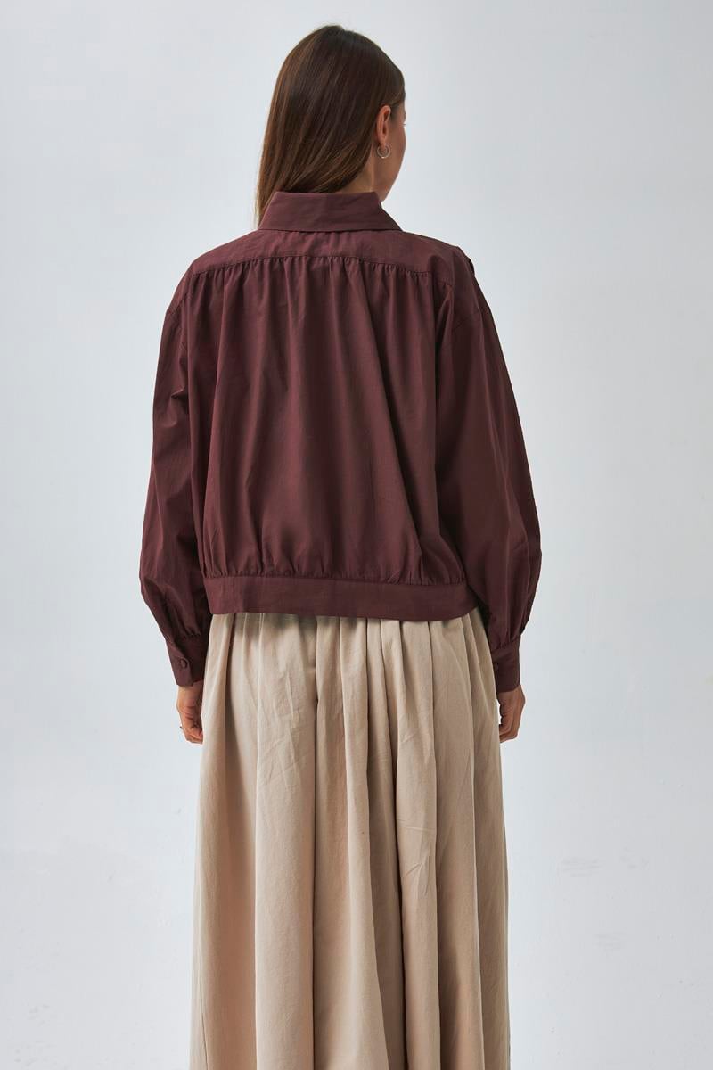 Omuzdan Büzgülü Poplin Gömlek Bordo