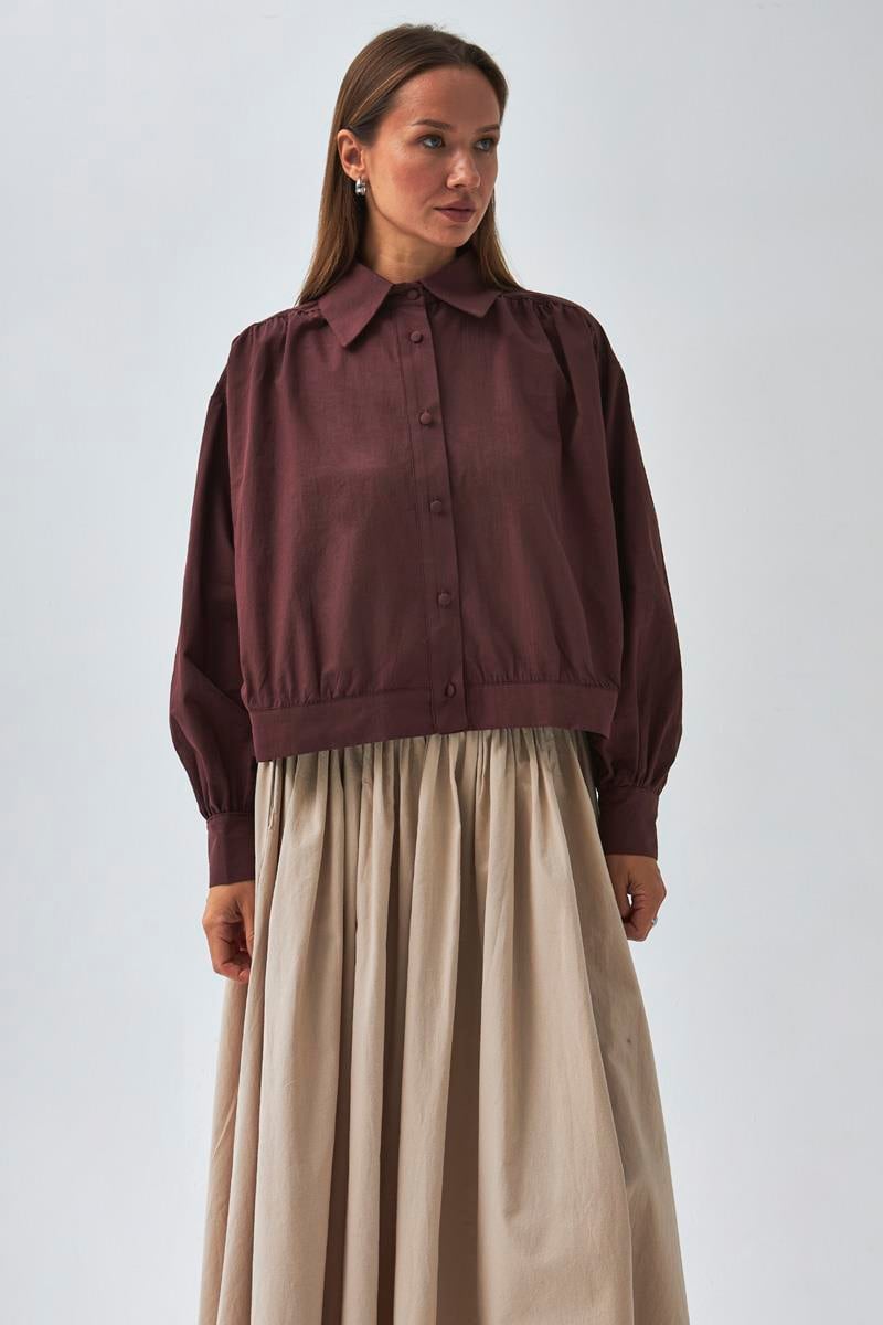 Omuzdan Büzgülü Poplin Gömlek Bordo
