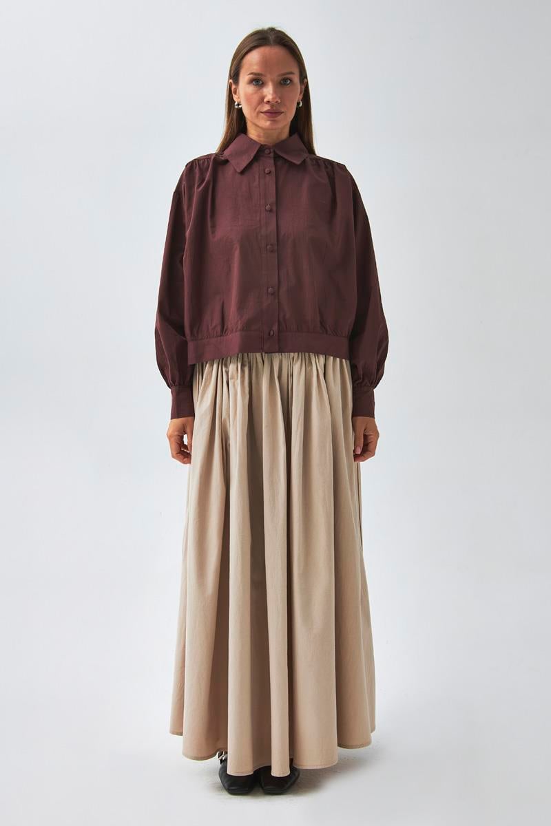 Omuzdan Büzgülü Poplin Gömlek Bordo