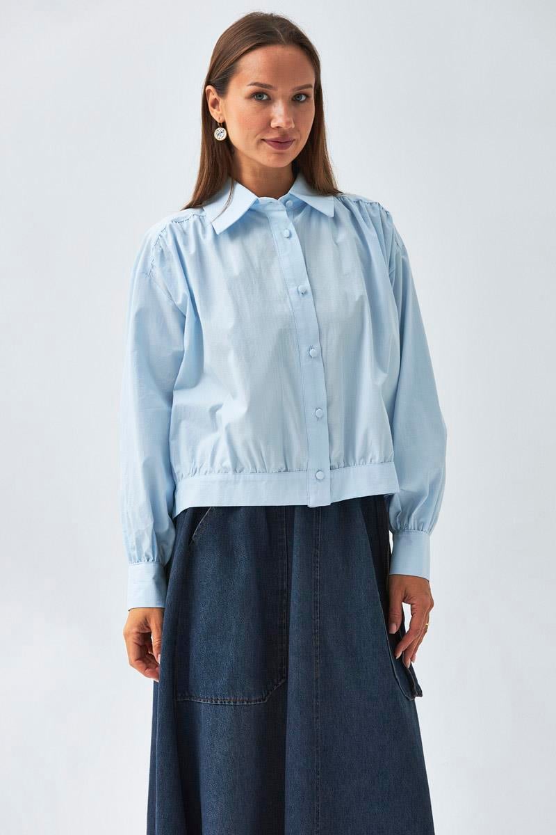 Omuzdan Büzgülü Poplin Gömlek Buz Mavisi