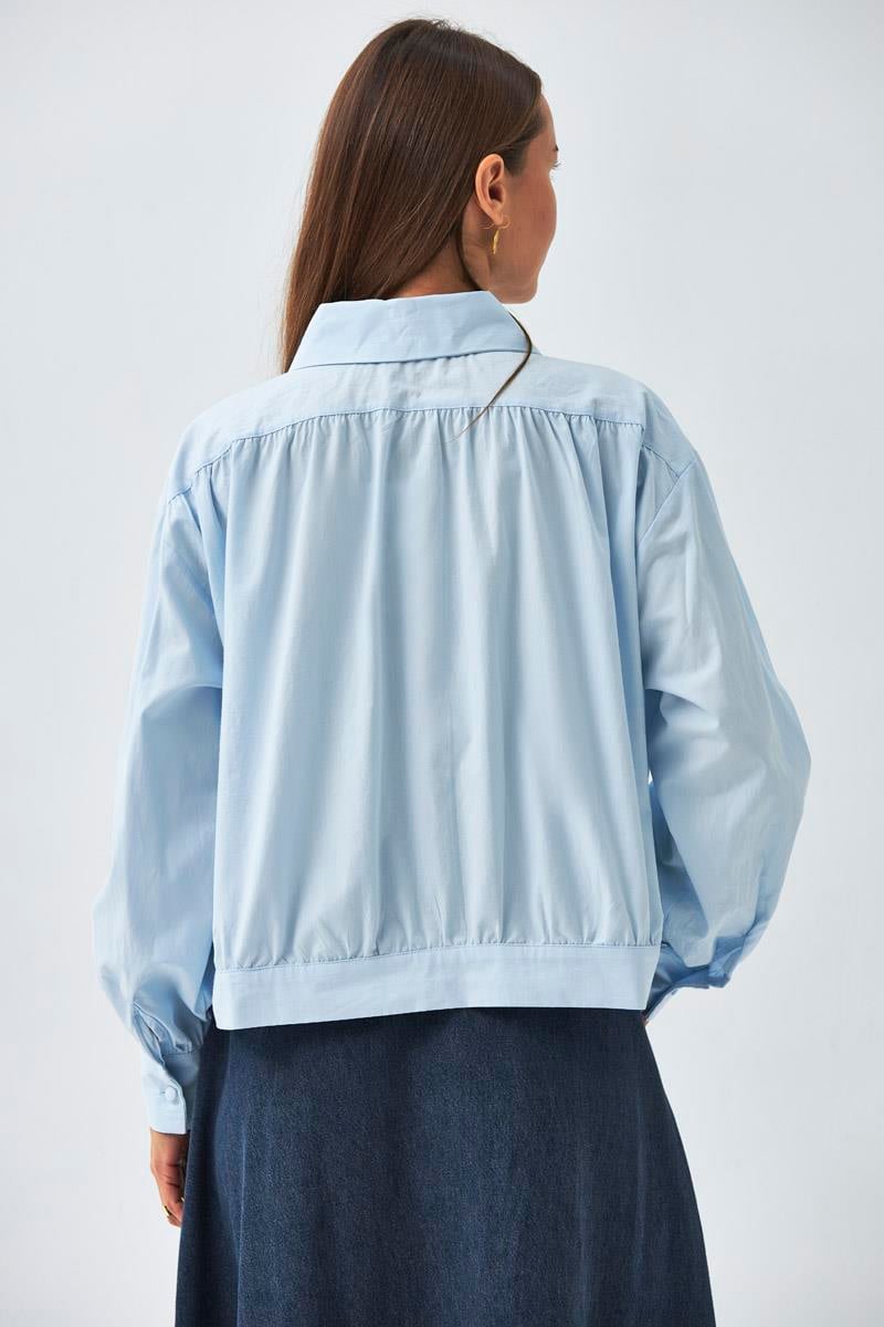 Omuzdan Büzgülü Poplin Gömlek Buz Mavisi