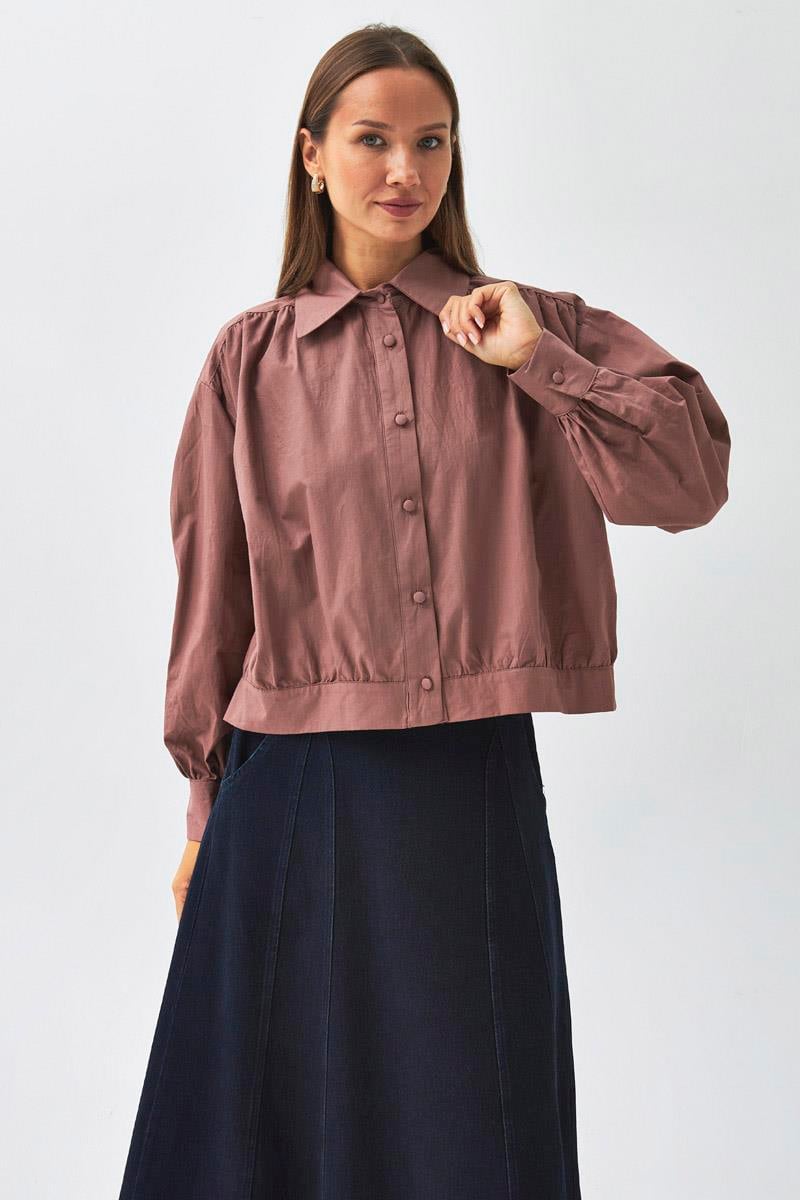 Omuzdan Büzgülü Poplin Gömlek Gül Kurusu