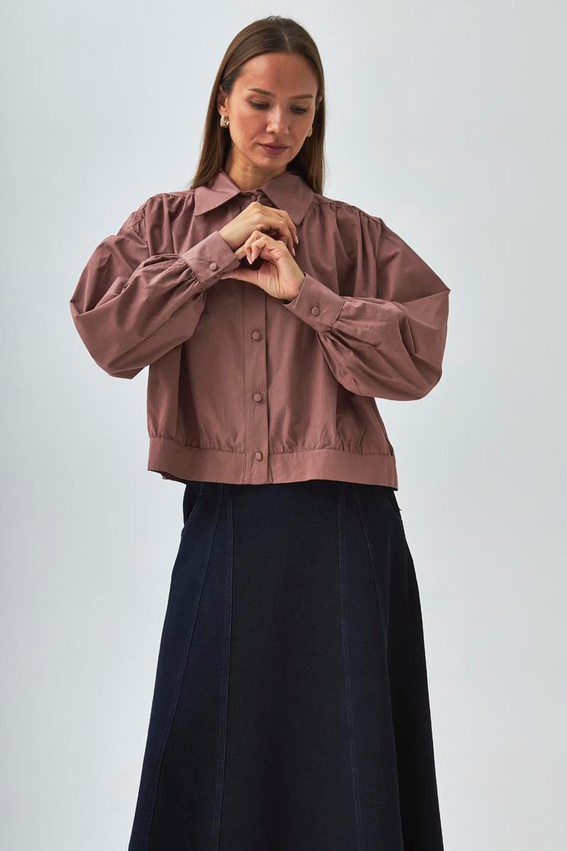 Omuzdan Büzgülü Poplin Gömlek Gül Kurusu