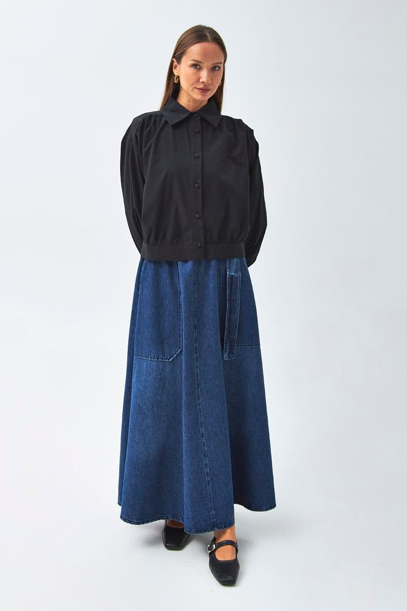 Omuzdan Büzgülü Poplin Gömlek Siyah