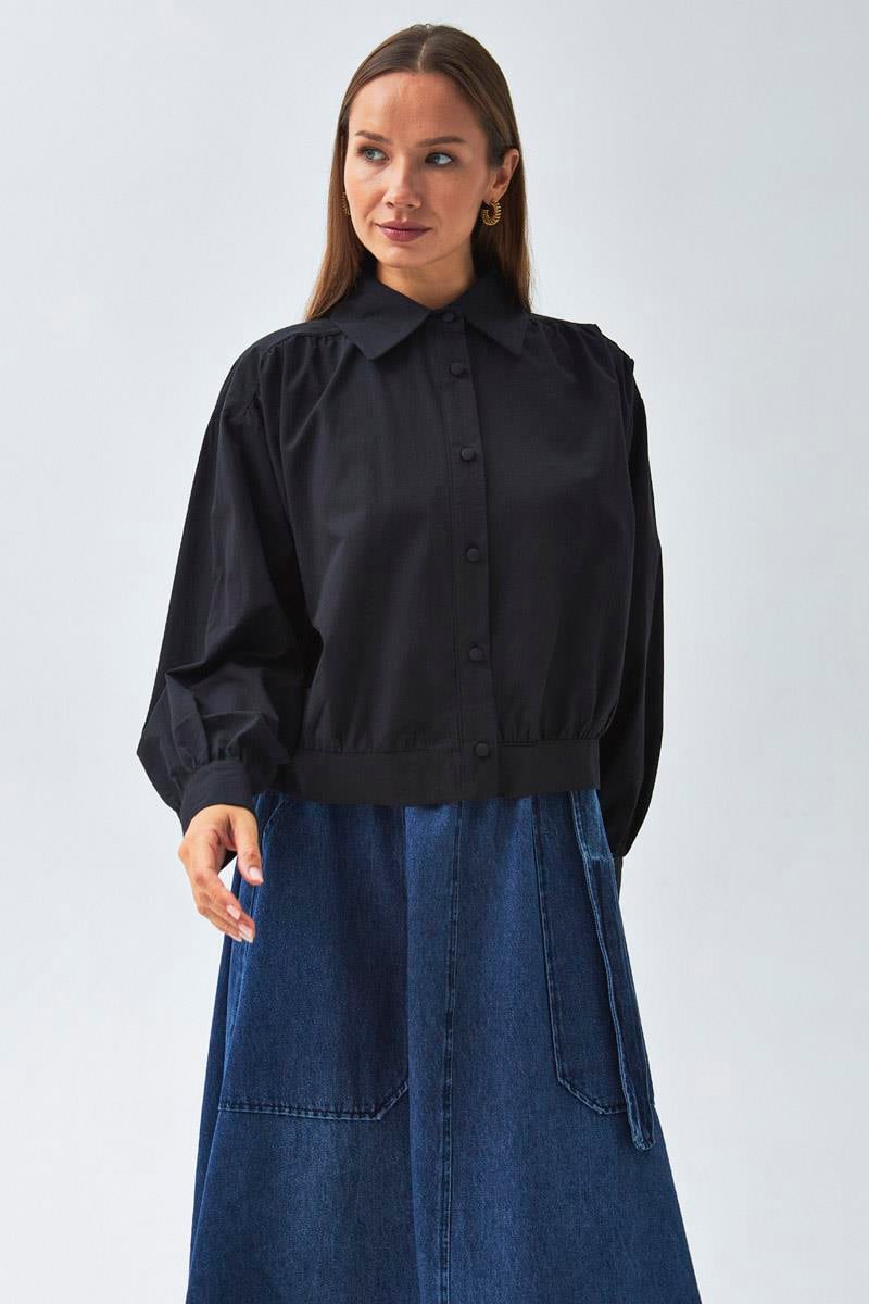 Omuzdan Büzgülü Poplin Gömlek Siyah